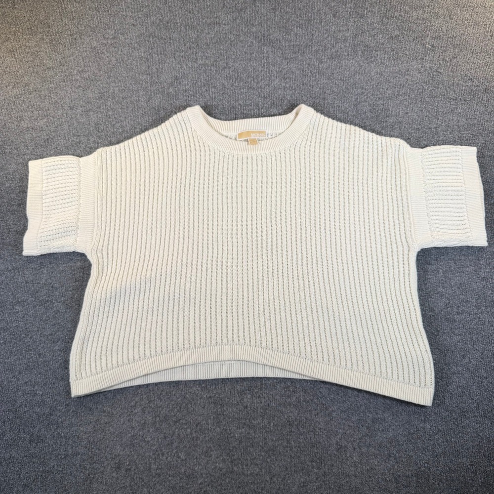 Michael Kors Womens Cream Ribbed Short Sleeve Boxy Crop Sweater‎ XL QR5617HAP6